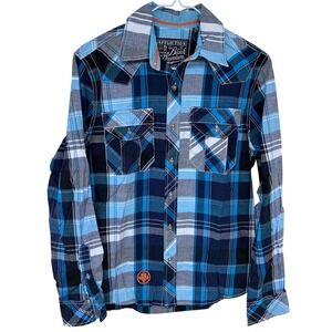 Blue‎ Plaid Affliction Black Premium Long Sleeve Casual Button Down Shirt Small